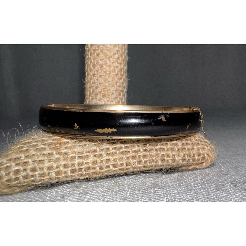 Vtg 10k Gold Filled Black Enamel Hinged Bangle Dunn Bros Floral Bracelet 15g - Picture 10 of 15